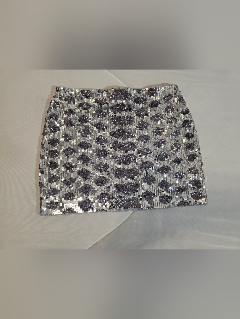 Express Silver Sequin Mini Skirt with Dark Gray Leopard Pattern